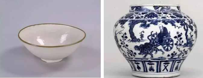 元代以后，青花瓷（右）逐漸取代了定瓷（左）